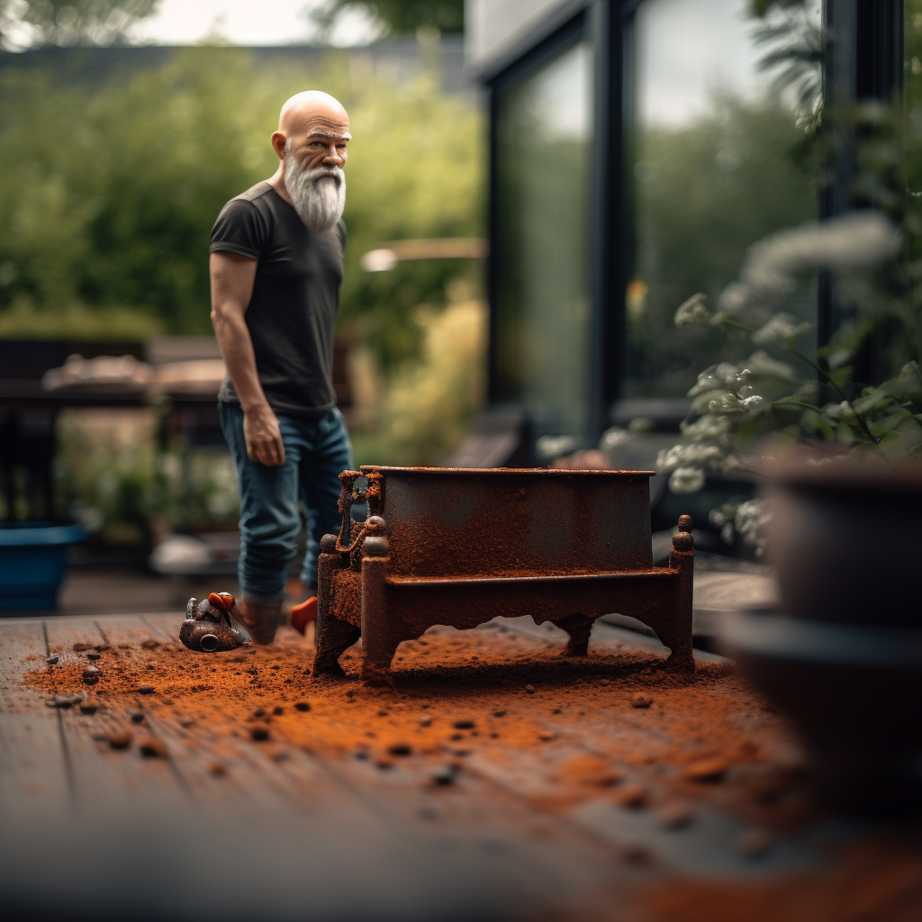 Bad Gnome standing next to rusted metal bed