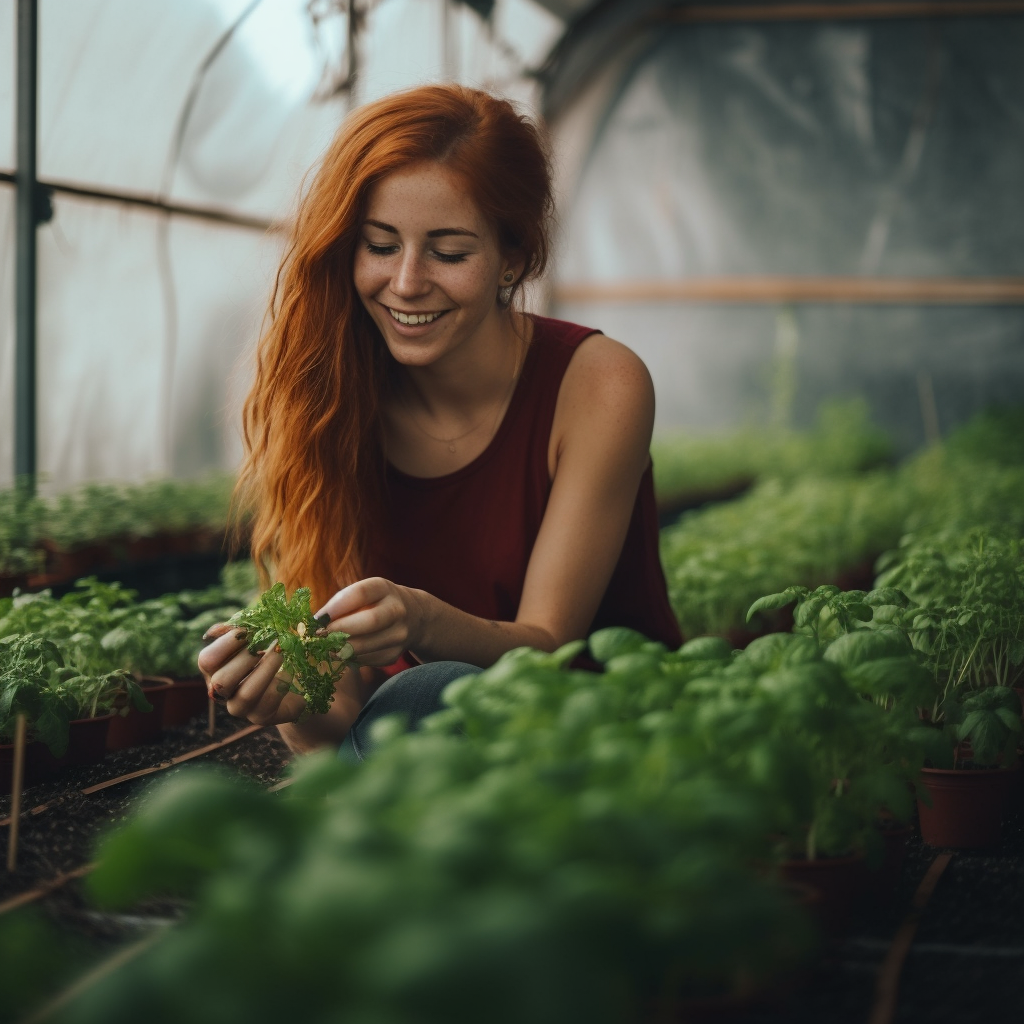 Beautiful Young Red Haired Tending to Basil in Greenhouse