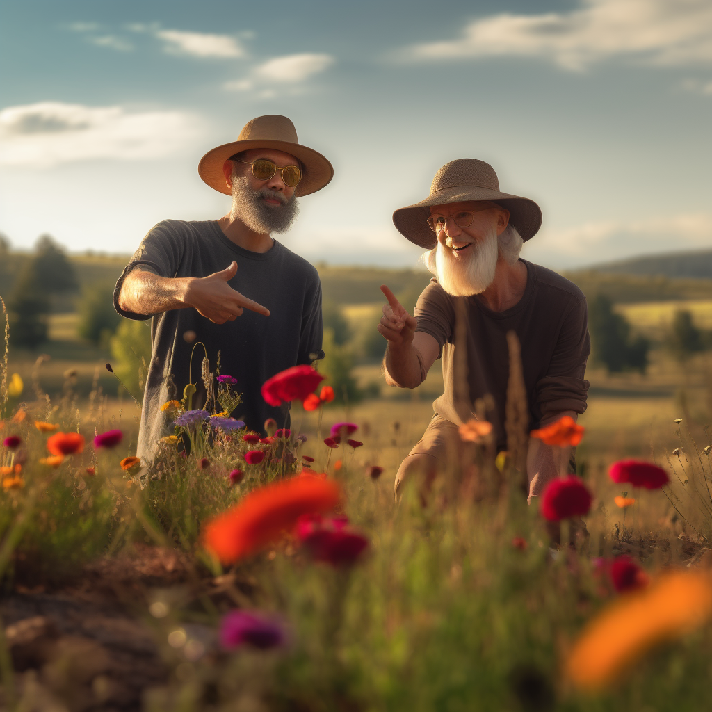 Two random men standing in a field of wildflowers