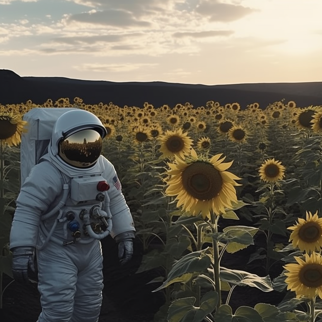 Velvet Queen Sunflowers and Mongolian Giant Sunflowers with person in spacesuit on the moon