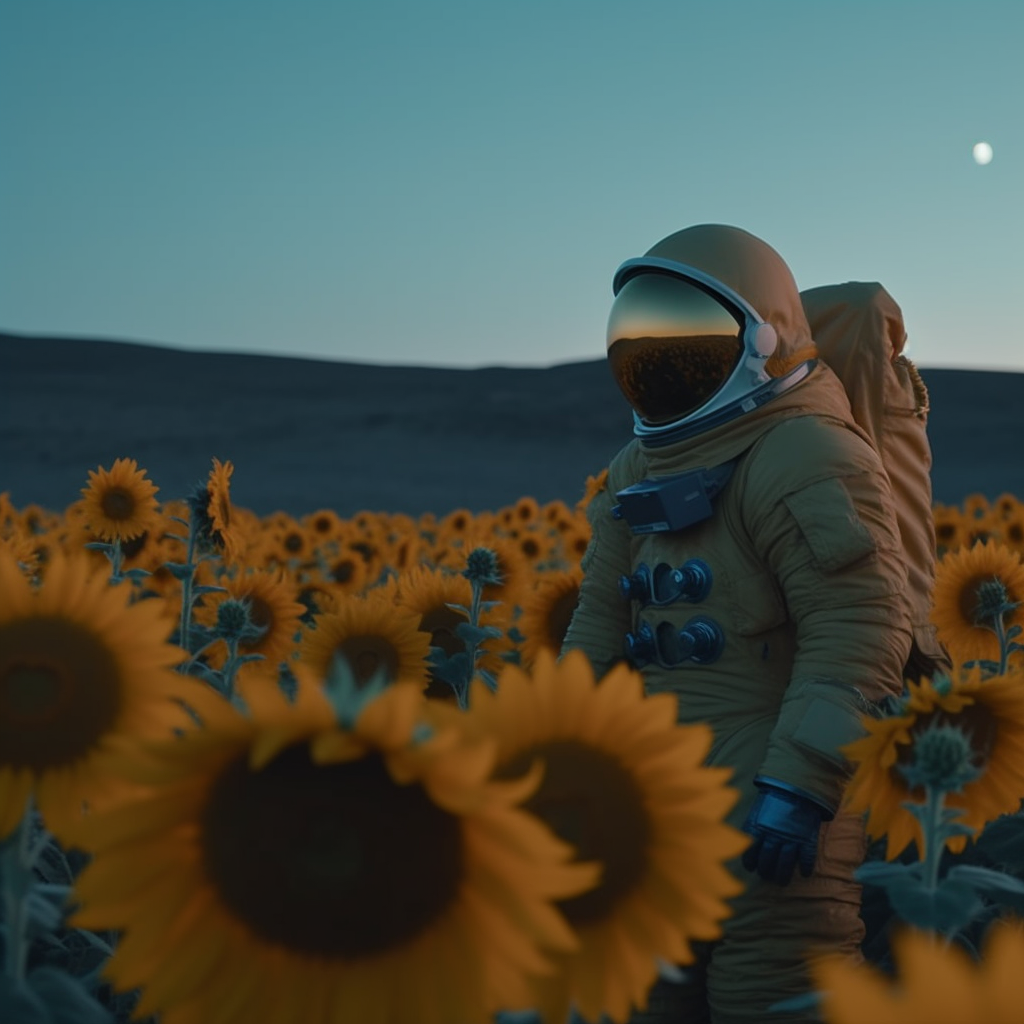 Velvet Queen Sunflowers and Mongolian Giant Sunflowers with person in spacesuit on the moon