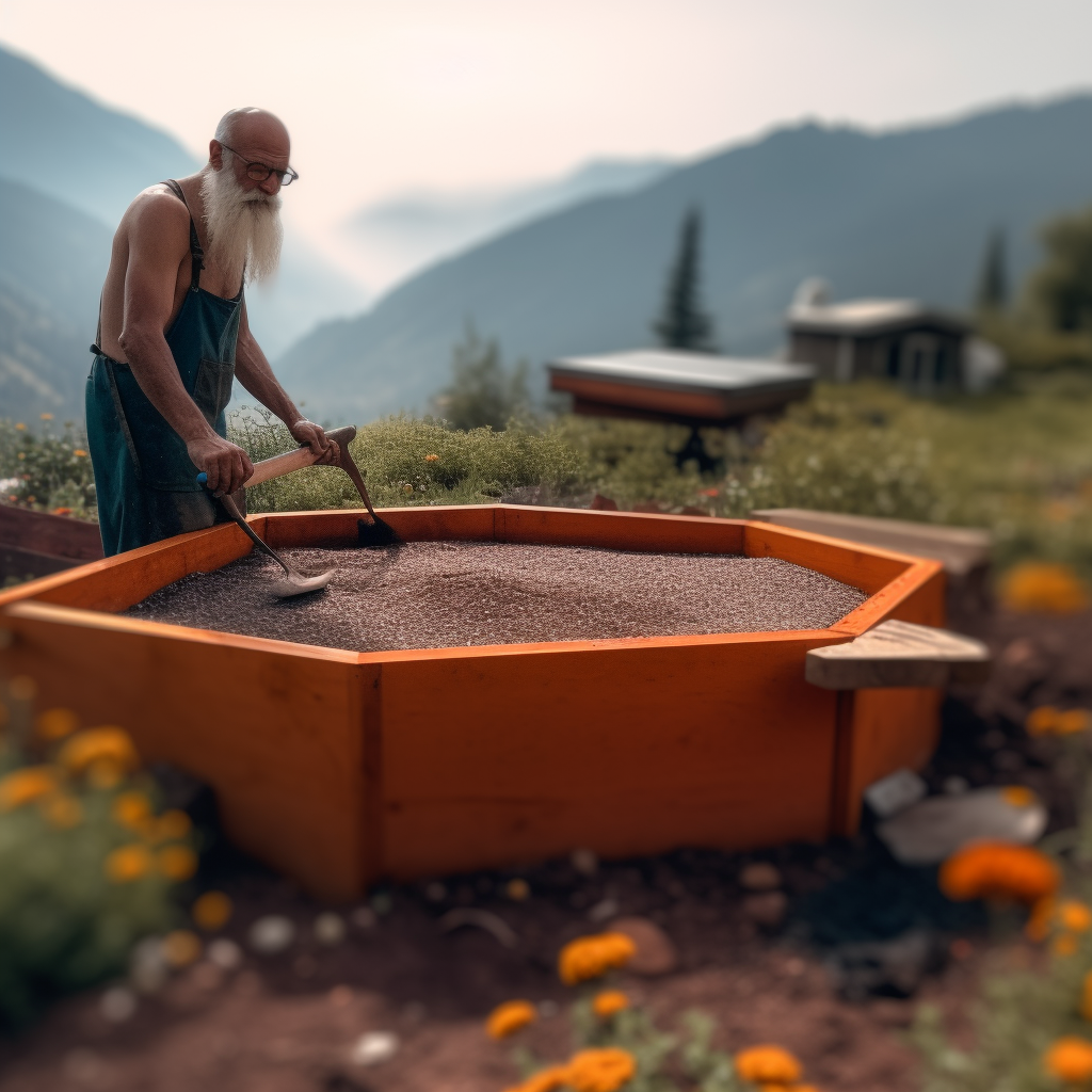 Bad Gnome tending to a hexagonal shaped raised bed garden